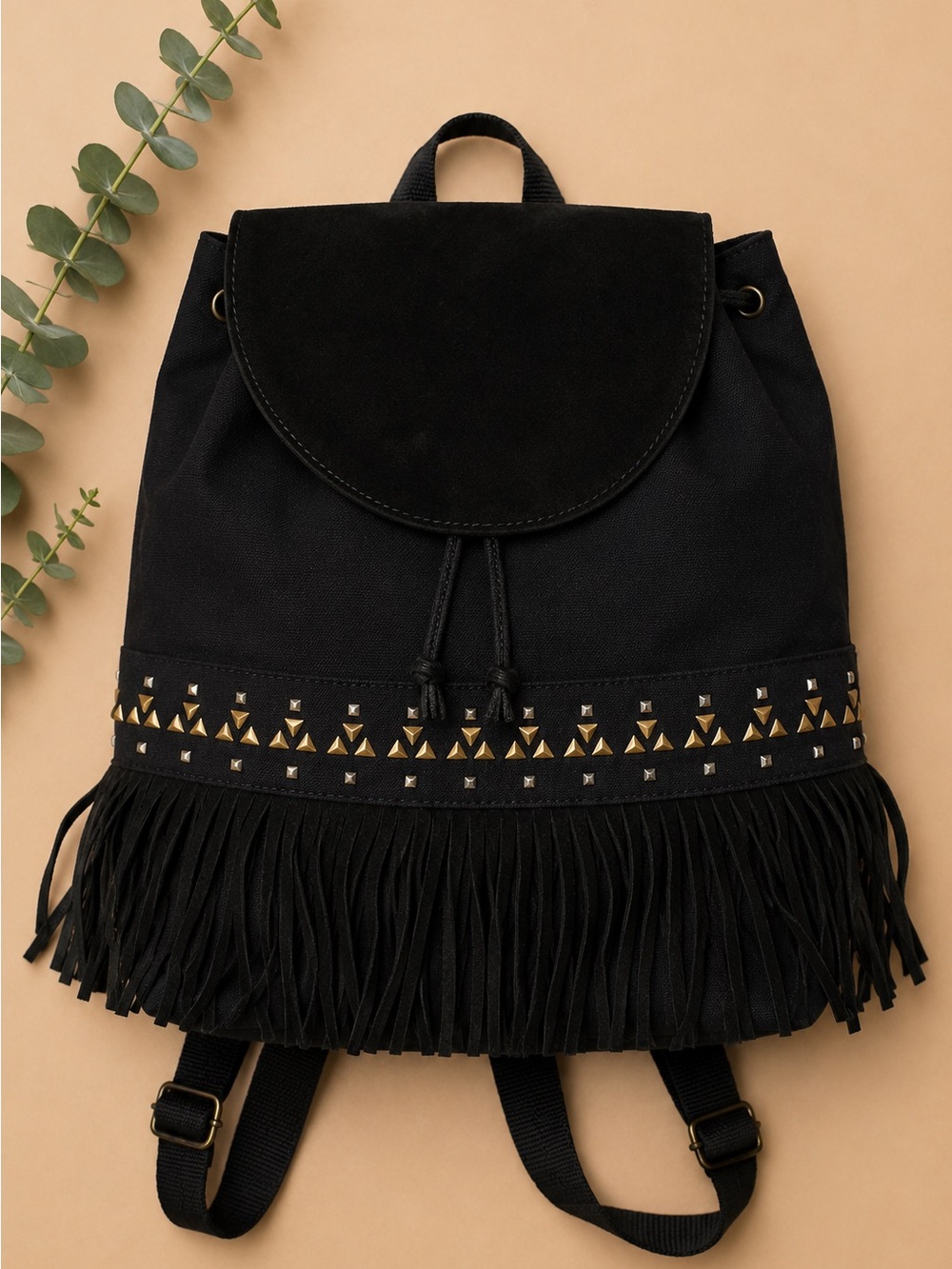 American Eagle Outfitters Black Canvas Fringe Backpack Studded Boho Festival Bag